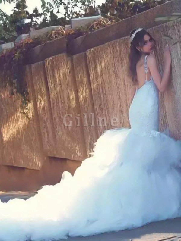 Junoesque Plissiertes Meerjungfrau Stil Romantisches Brautkleid mit Natürlicher Taille