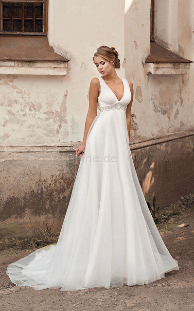 Ärmellos Sweep Zug Luxus Brautkleid mit Rücken Schnürung mit Empire Taille
