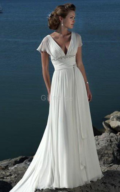 Perlenbesetztes Sweep Zug Romantisches Brautkleid mit Juwel Mieder mit gekappten Ärmeln
