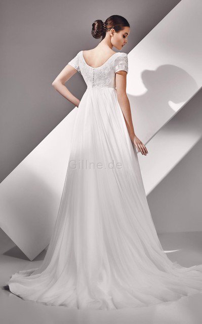 Schaufel-Ausschnitt Plissiertes Empire Taille Luxus Brautkleid mit Knöpfen
