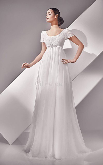 Schaufel-Ausschnitt Plissiertes Empire Taille Luxus Brautkleid mit Knöpfen