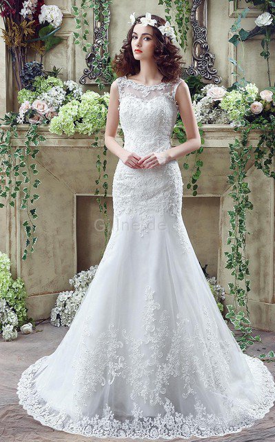 Reißverschluss Garten Konservatives Brautkleid mit Bordüre mit breiter Träger