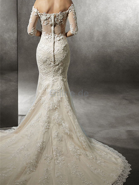 Halbe Ärmeln Exquisit Bezauberndes Brautkleid mit Blume aus Tüll