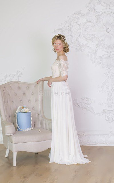 Halbe Ärmeln Bescheidenes Elegantes Brautkleid aus Chiffon mit Bordüre