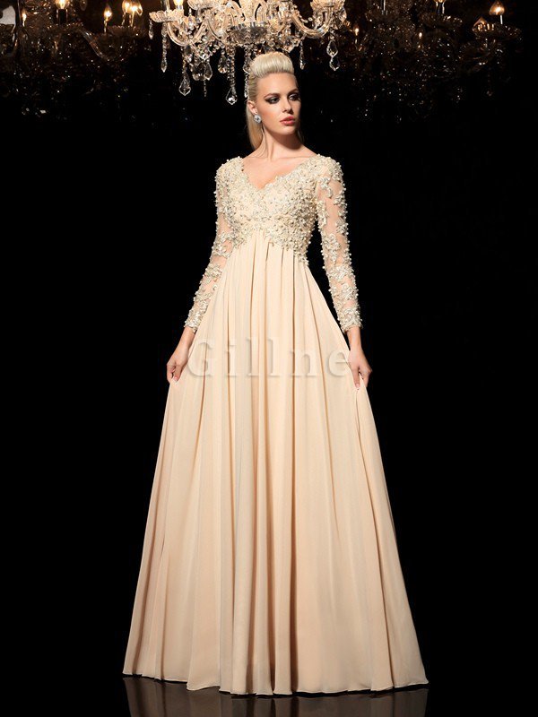 A-Line Prinzessin Chiffon Abendkleid mit langen Ärmeln mit Applikation