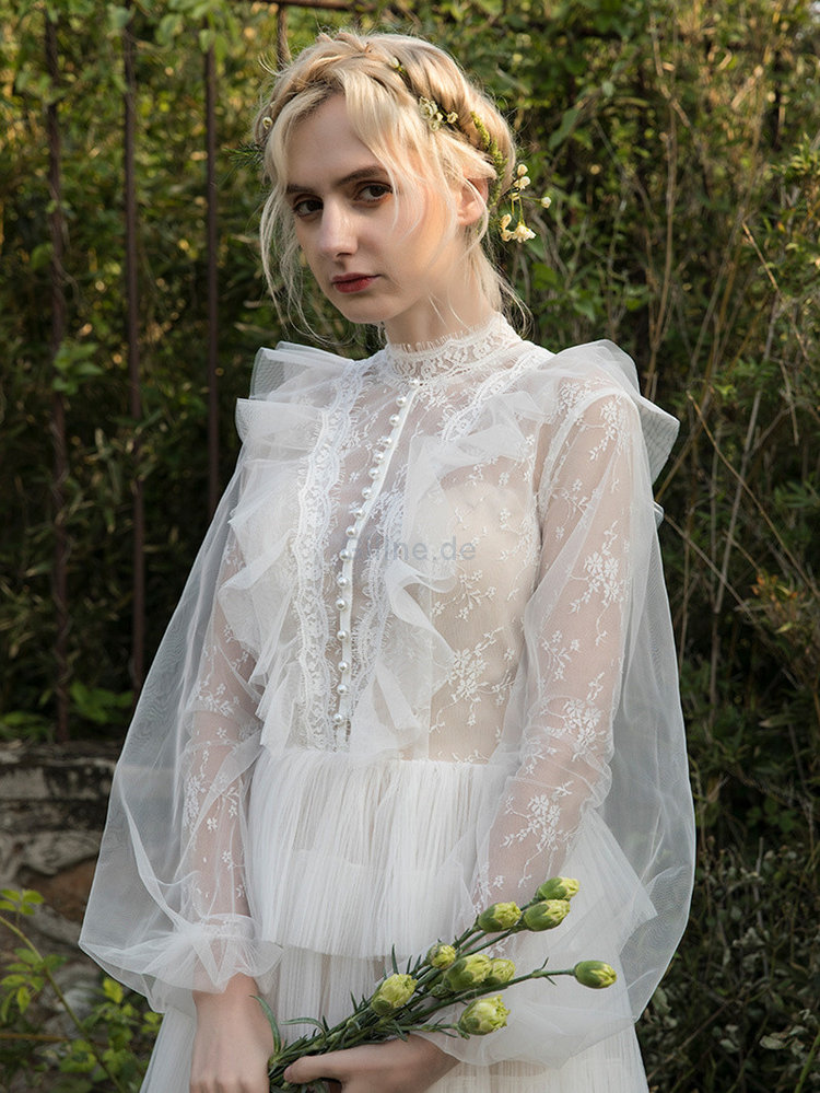 Süß Spitze Bodenlanges Brautkleid aus Satin mit Perlen
