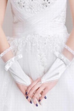 Perfekt Satin Spitze Saum Weiß Elegant|Bescheiden Brauthandschuhe