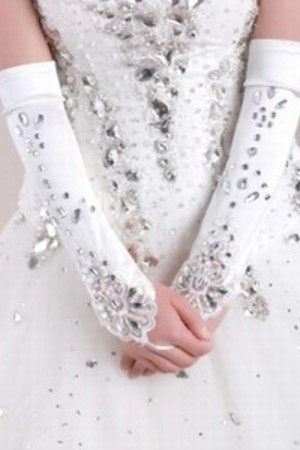 Atemberaubend Luxuriös Satin Mit Kristall Weiß Brauthandschuhe