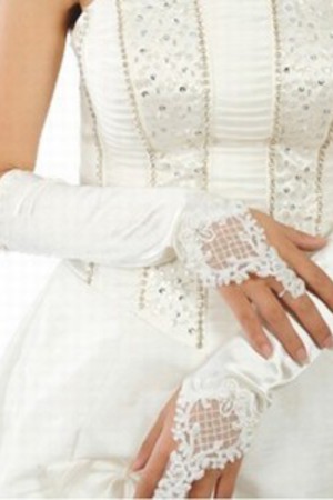 Spannend Taft Perlenstickerei Weiß Elegant Brauthandschuhe