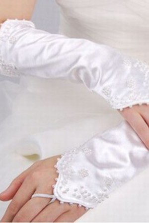 Glamourös Taft Perlenstickerei Modern Weiß Chic Brauthandschuhe