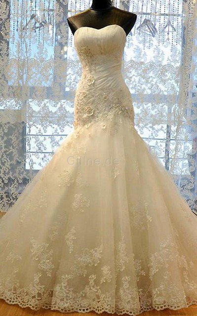 Satin Plissiertes Paillettenbesetztes Brautkleid mit Applikation aus Tüll