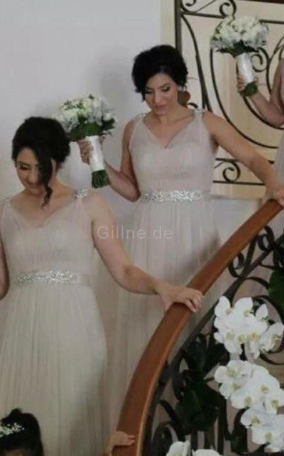 V-Ausschnitt Tüll Reißverschluss Brautjungfernkleid mit Perlen mit Pailletten