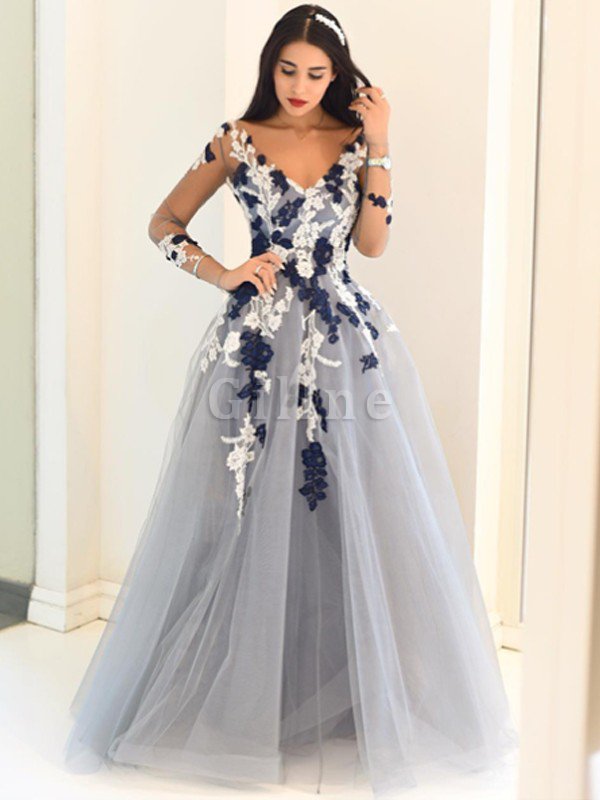 Prinzessin Langärmeliges A-Linie Abendkleid mit Applike mit V-Ausschnitt