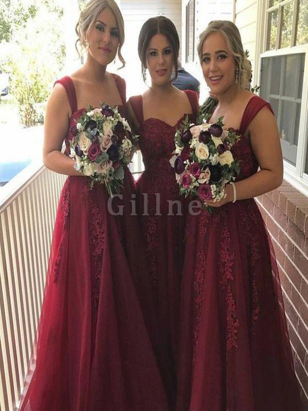 Prinzessin Spaghetti Träger A-Linie Bodenlanges Brautjungfernkleid mit Applikation