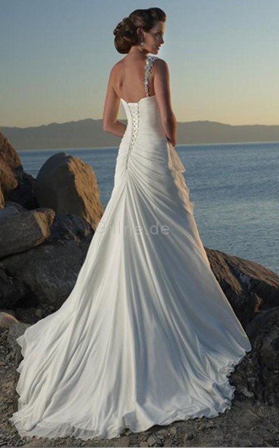 Enganliegendes Perlenbesetztes Strand Ärmellos Brautkleid mit einem Schulter