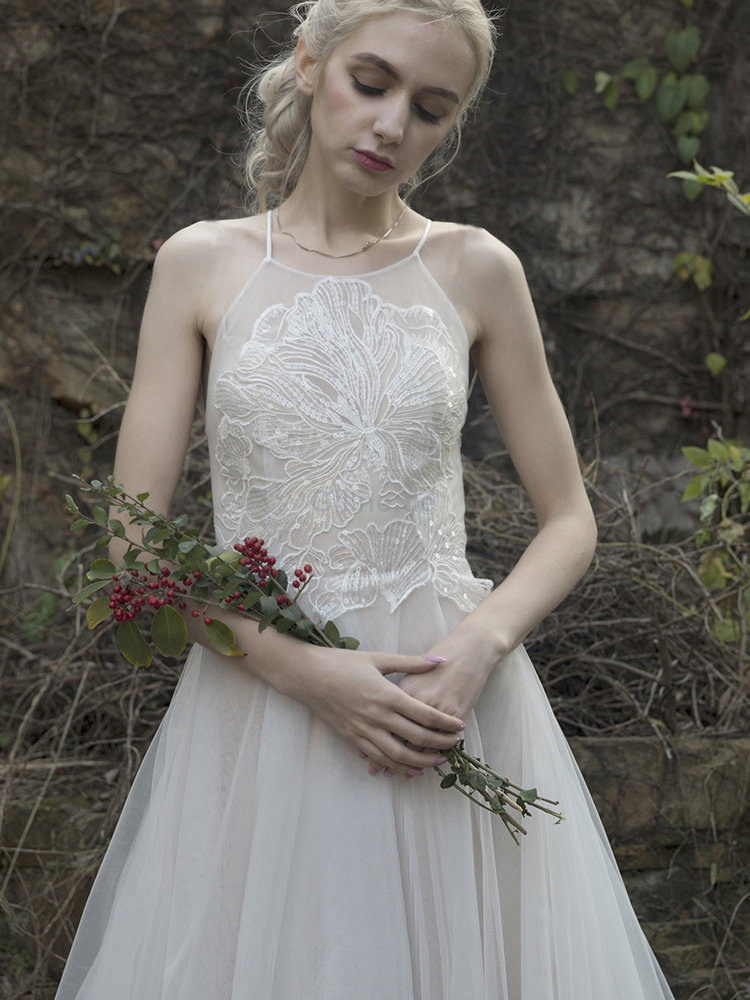 Prinzessin Nackenband Wunderbar Einfaches Brautkleid mit Blume
