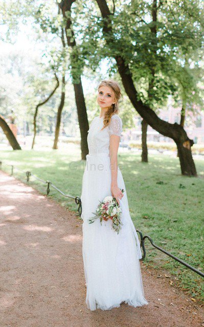 Spitze Tüll Extravagantes Bodenlanges Brautkleid mit Schleife