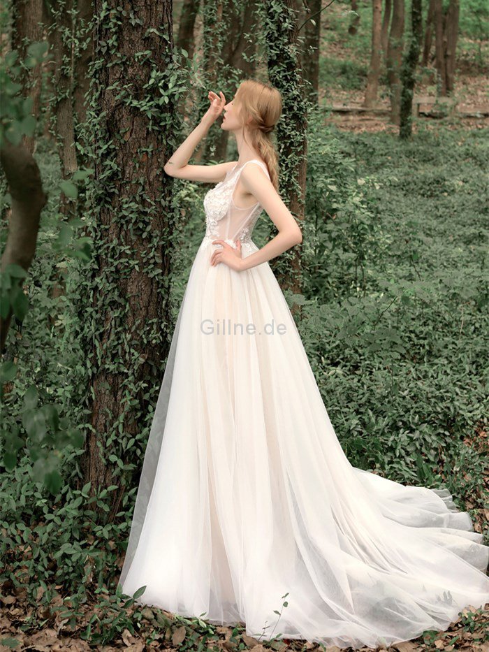 Reißverschluss Besondere V-Ausschnitt Vintage Brautkleid aus Tüll