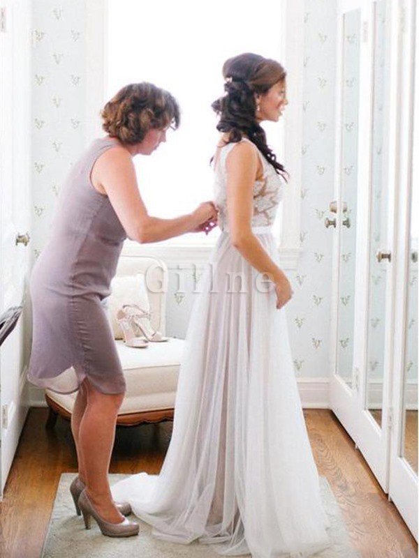 Prinzessin Natürliche Taile Schaufel-Ausschnitt Bodenlanges Brautkleid aus Tüll