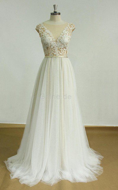 Vintage V-Ausschnitt Spitze A-Line Brautkleid mit kurzen Ärmeln