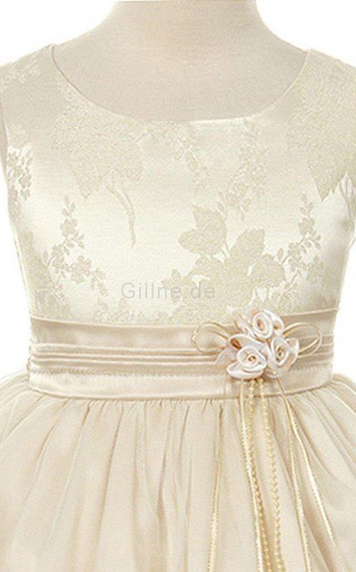 Satin Reißverschluss Schaufel-Ausschnitt Ärmellos Kurzes Blumenmädchenkleid