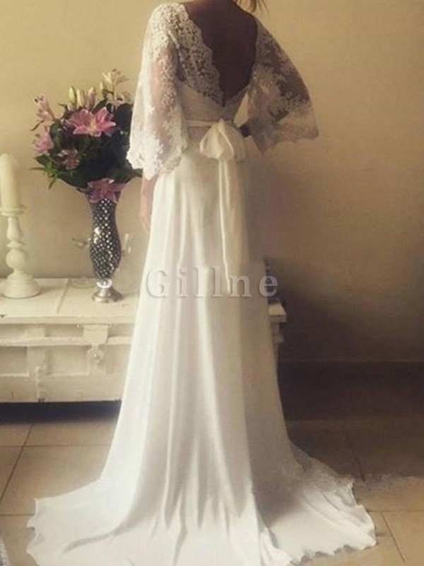 Hübsch A-Line Bodenlanges Brautkleid mit Gürtel mit Schleife