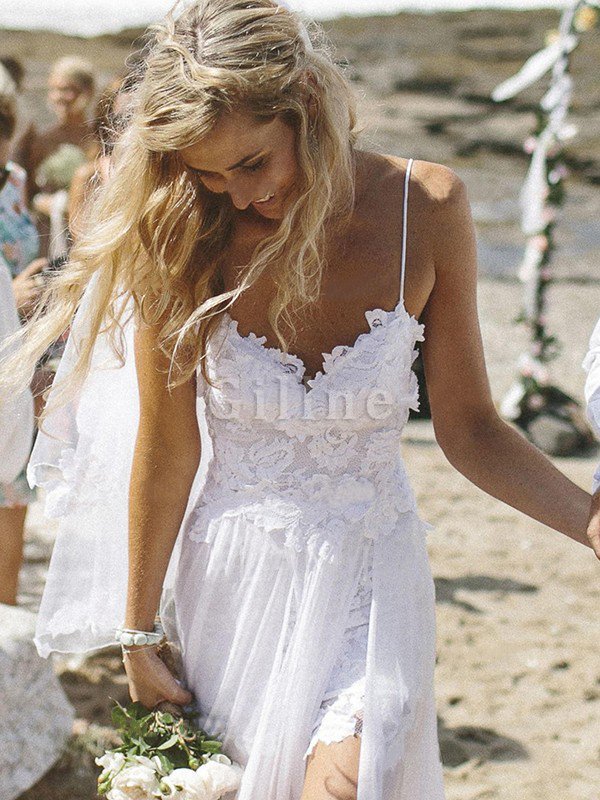 Göttlich Rückenfreies Strand Hoch Geschlitztes Brautkleid mit Stickerei