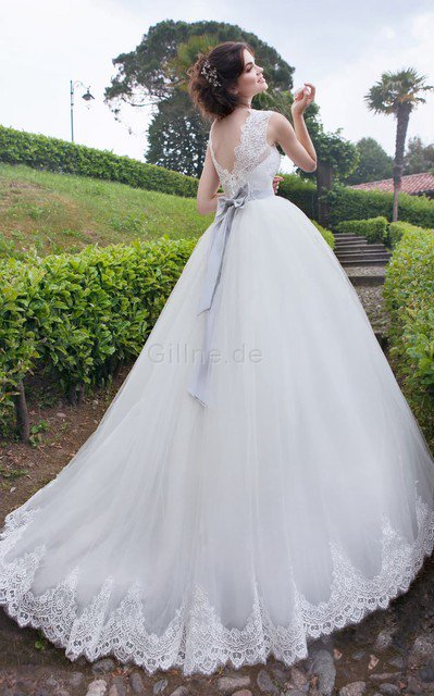 Ärmellos Organza Reißverschluss Brautkleid mit Gürtel mit Juwel Ausschnitt