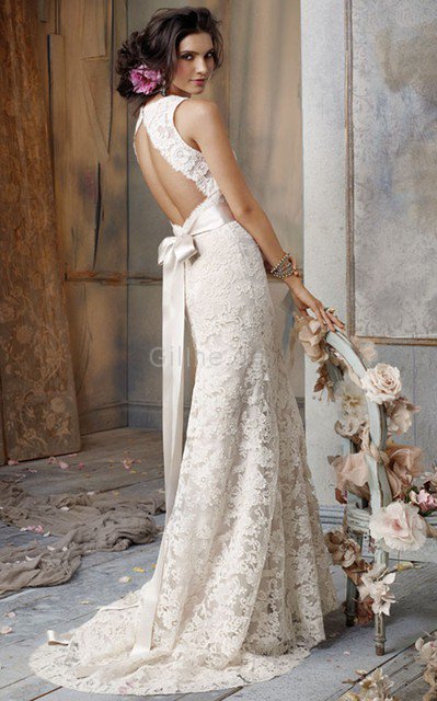 Ärmelloses Ewiges Romantisches Brautkleid mit Schleife mit Blume