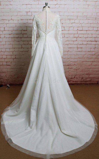 Langärmeliges Drapiertes Romantisches Brautkleid aus Chiffon mit Bordüre
