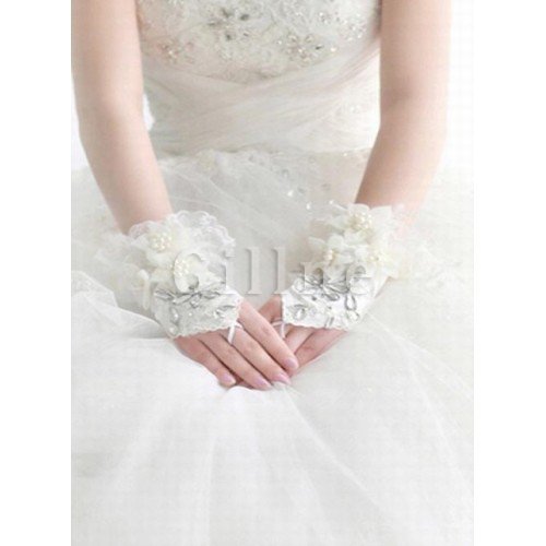 Hübsch Satin Perlenstickerei Elfenbein Luxuriös Brauthandschuhe