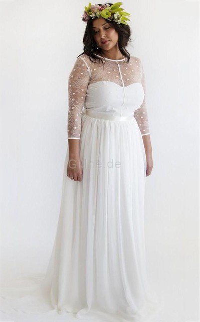 Lange Ärmeln Reißverschluss A-Line Konservatives Brautkleid mit Bordüre