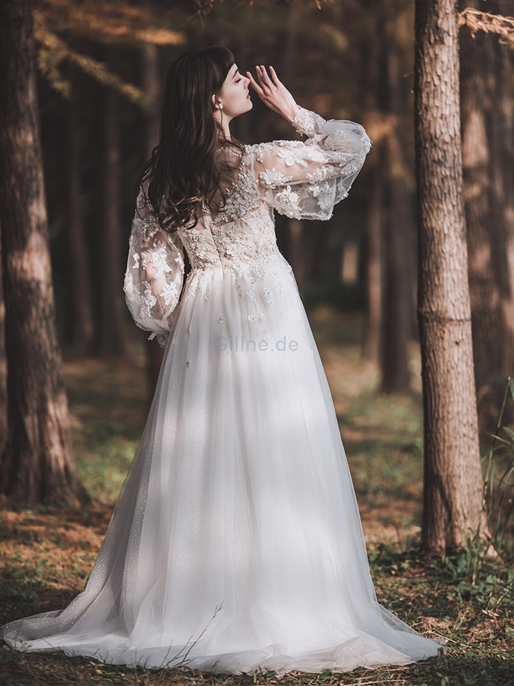 Perlenbesetztes Charmant Luxus Bodenlanges Brautkleid mit Reißverschluss