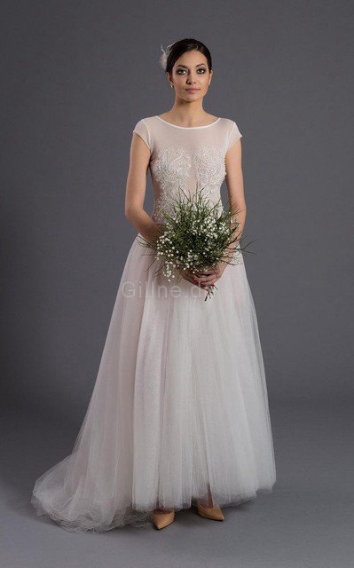 A-Line Kurze Ärmeln Bodenlanges Brautkleid aus Tüll mit gekappten Ärmeln