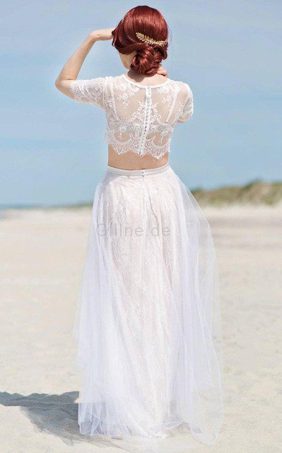 Juwel Ausschnitt Spitze Zweistück Brautjungfernkleid mit Bordüre mit Knöpfen