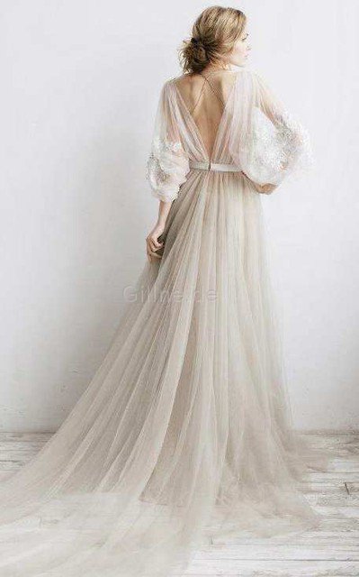 Tüll Plissiertes Bodenlanges Extravagantes Brautkleid mit Blume