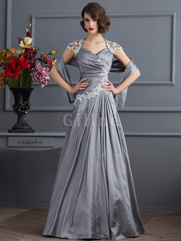 Perlenbesetztes Prinzessin Bodenlanges Abendkleid aus Taft mit Applike