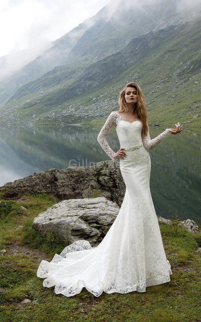 Meerjungfrau Herz-Ausschnitt Romantisches Brautkleid mit Schleife mit Bordüre