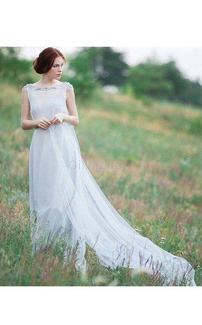 Bateau A-Line Perlenbesetztes Brautjungfernkleid aus Tüll mit gekappten Ärmeln