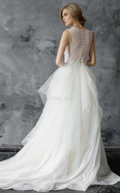 Juwel Ausschnitt A Linie Romantisches Brautkleid mit Knöpfen mit Perlen