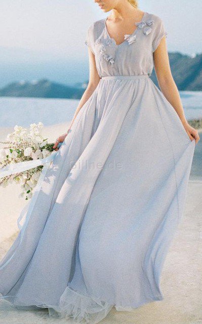 Plissiertes V-Ausschnitt Bodenlanges Brautjungfernkleid aus Chiffon mit Knöpfen