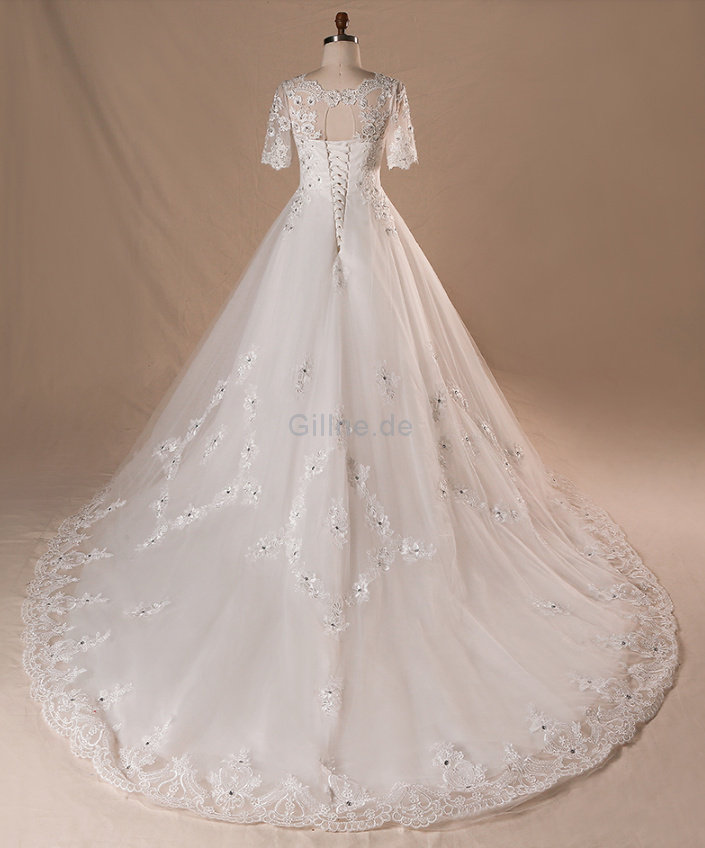 Einzigartig Spitze Vintage Brautkleid mit Natürlicher Taille mit Kristall