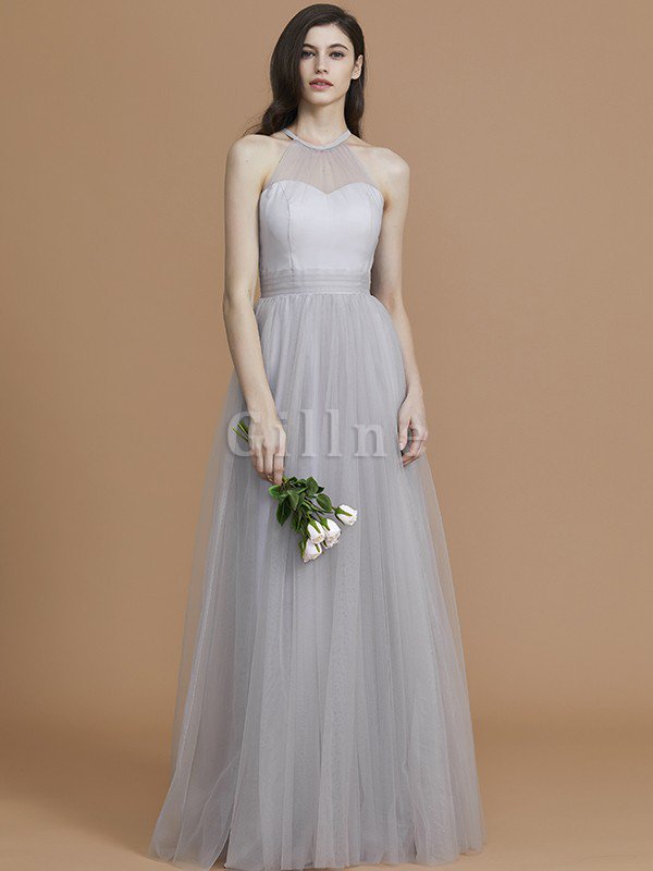Nackenband A-Line Bodenlanges Brautjungfernkleid aus Tüll mit Rüschen
