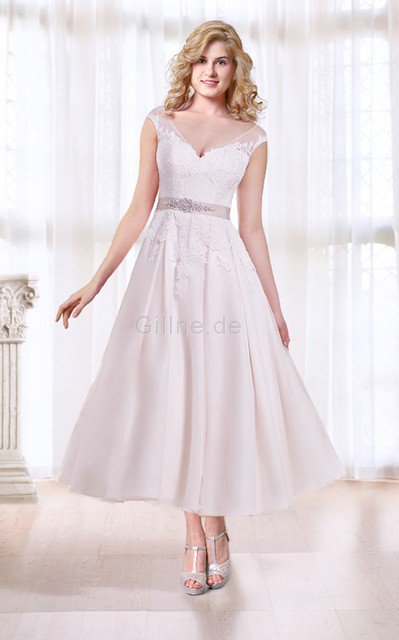 A Linie V-Ausschnitt Einfaches Brautkleid mit gekappten Ärmeln mit Gürtel