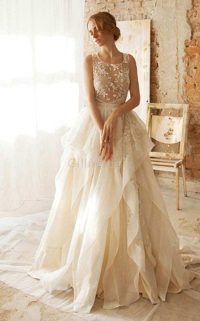 A Linie Bodenlanges Romantisches Brautkleid ohne Ärmeln mit Bordüre