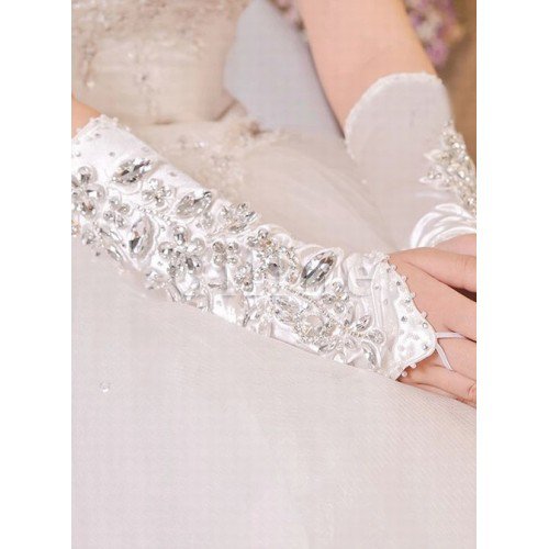 Schön Satin Mit Kristall Luxuriös Weiß Brauthandschuhe