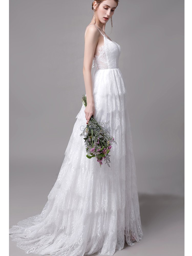 Mode Elegantes Göttin Brautkleid Brautkleid mit Bordüre mit Mehrschichtigen Rüsche