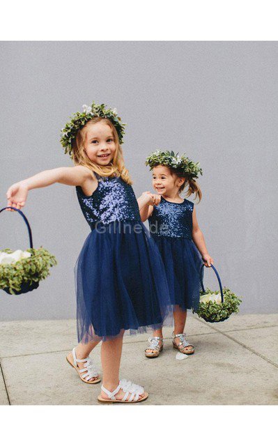 Ärmelloses Tüll A-Linie Juwel Ausschnitt Mini Blumenmädchenkleid