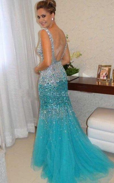 Meerjungfrau Stil Natürliche Taile Bodenlanges Sexy Abendkleid mit Kristall