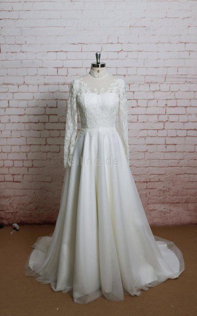 Langärmeliges Drapiertes Romantisches Brautkleid aus Chiffon mit Bordüre
